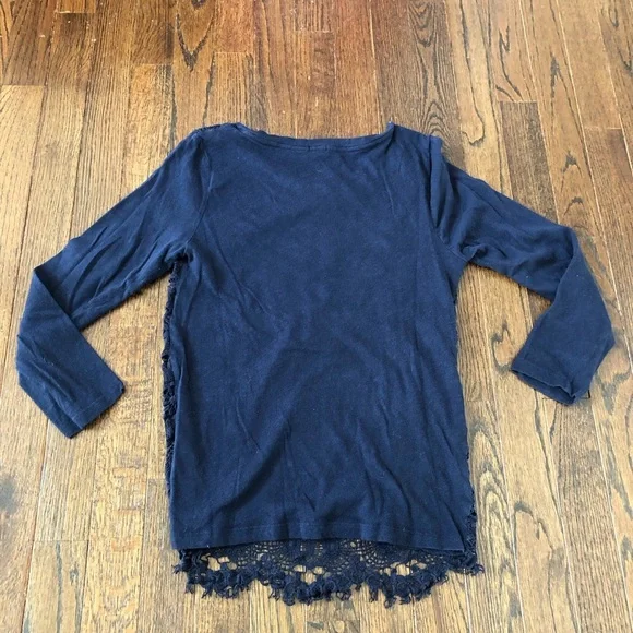 J. Crew Women’s S Navy Blue Floral Lace Front 3/4 Sleeved Cotton Crewneck Blouse - Picture 9 of 10